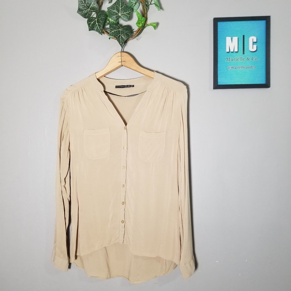 Atmosphere Button Up Tan Long Sleeve HighLow Shirt